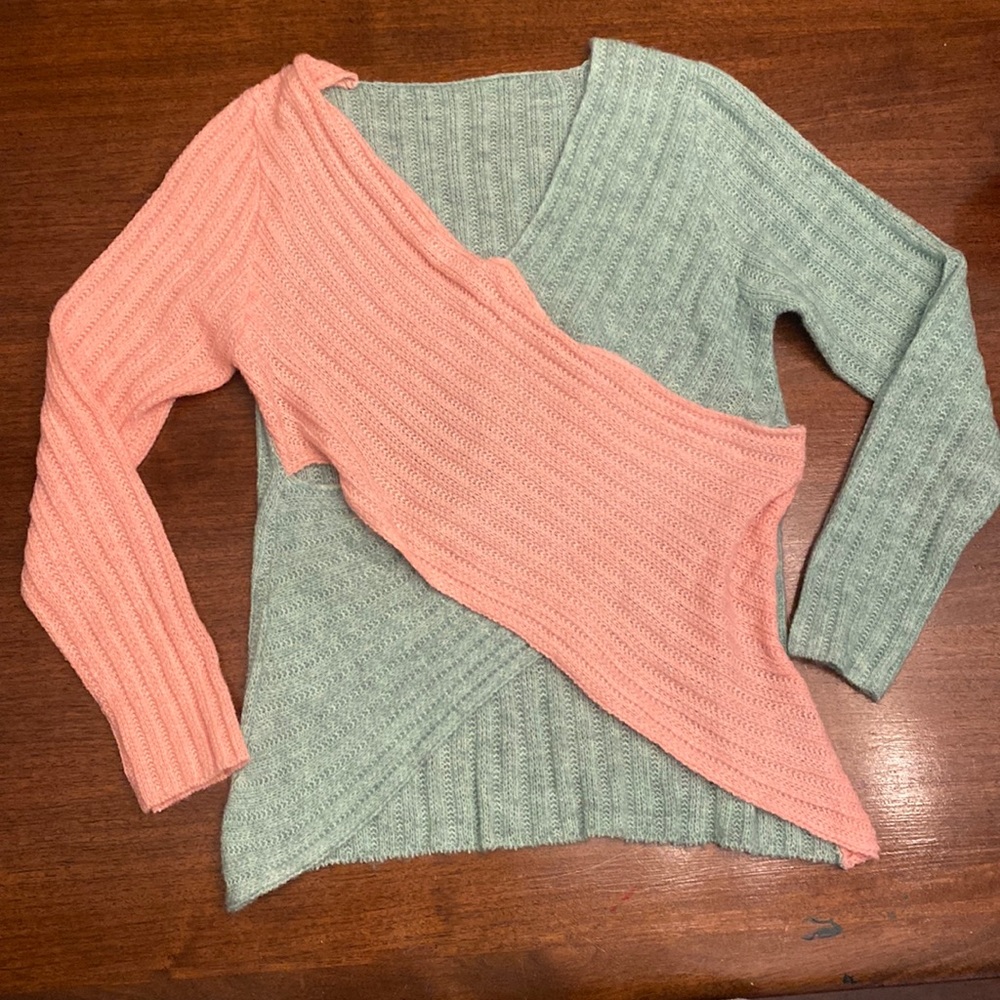Shein pink and green color block cross over sweater.